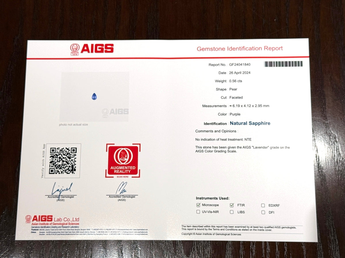 AIGS鑑別書 GF24041840 非加熱ラベンダーサファイア