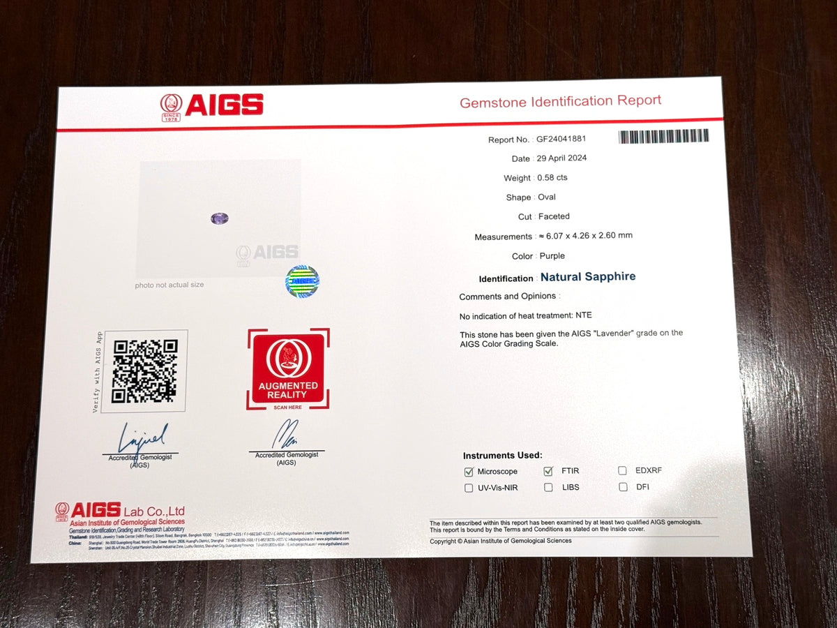 AIGS鑑別書 GF24041881 非加熱ラベンダーサファイア